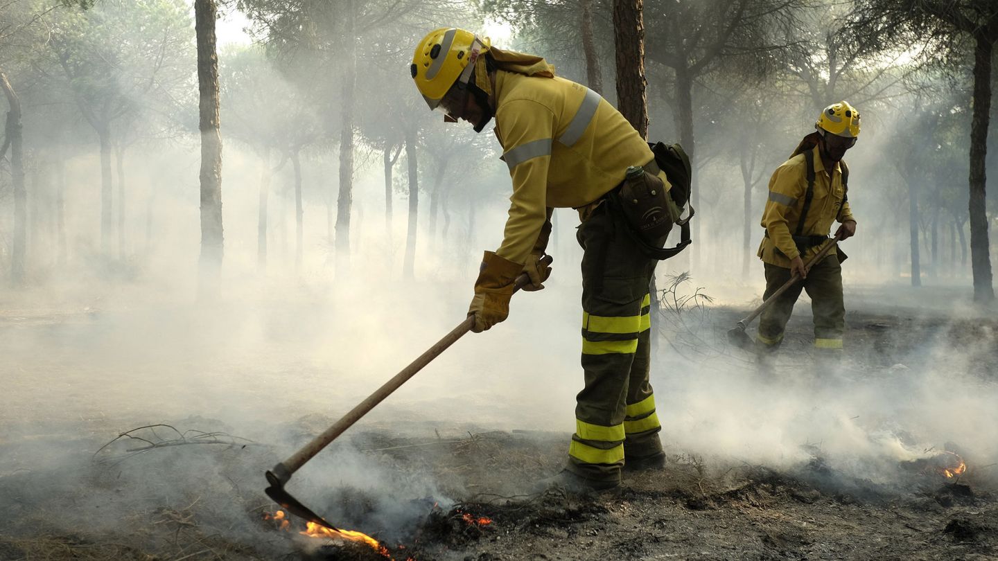 Bomberos trabajando en los alrededores de Mazagón durante el incendio de 2017. (EFE/Julián Pérez)