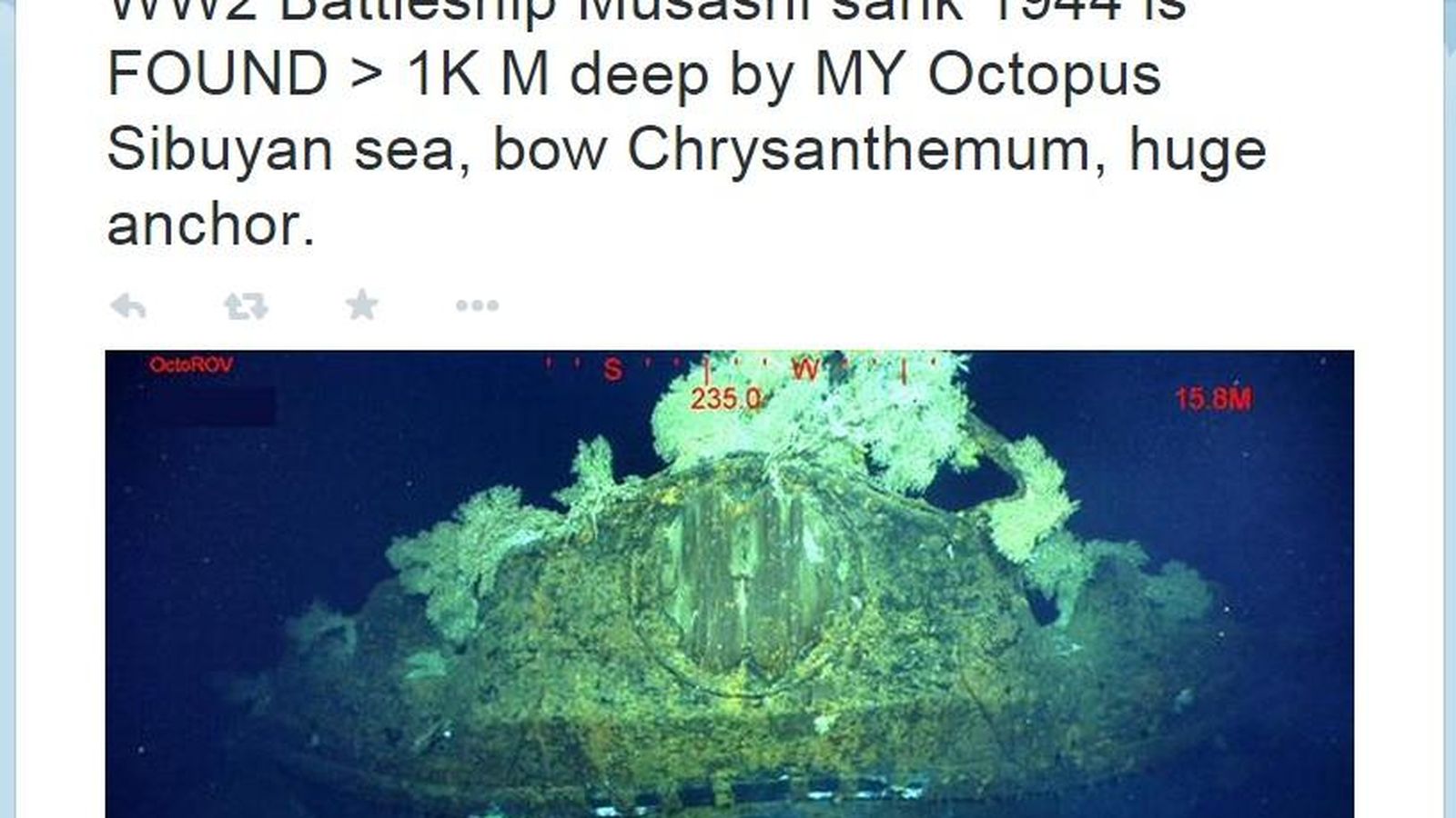 Foto: Tuit del millonario Paul Allen en el que informa del hallazgo de un buque japonés hundido en 1994 (Twitter)