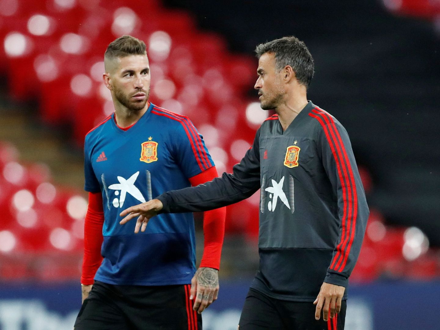 Sergio Ramos en un entrenamiento con Luis Enrique