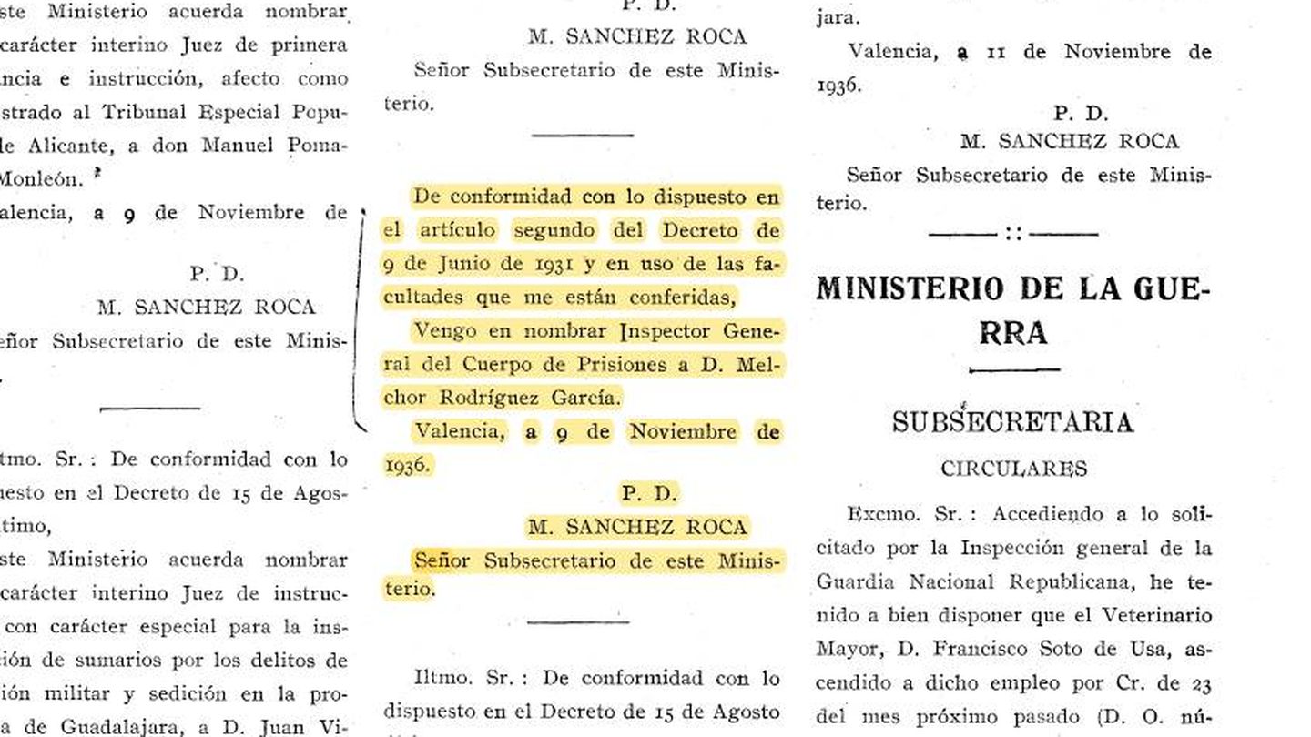 Orden del segundo del ministerio de Justicia del 9 de noviembre de 1936,  nombrando a Melchor Rodríguez Inspector General de Prisiones. (Pinche para descargar el documento) 