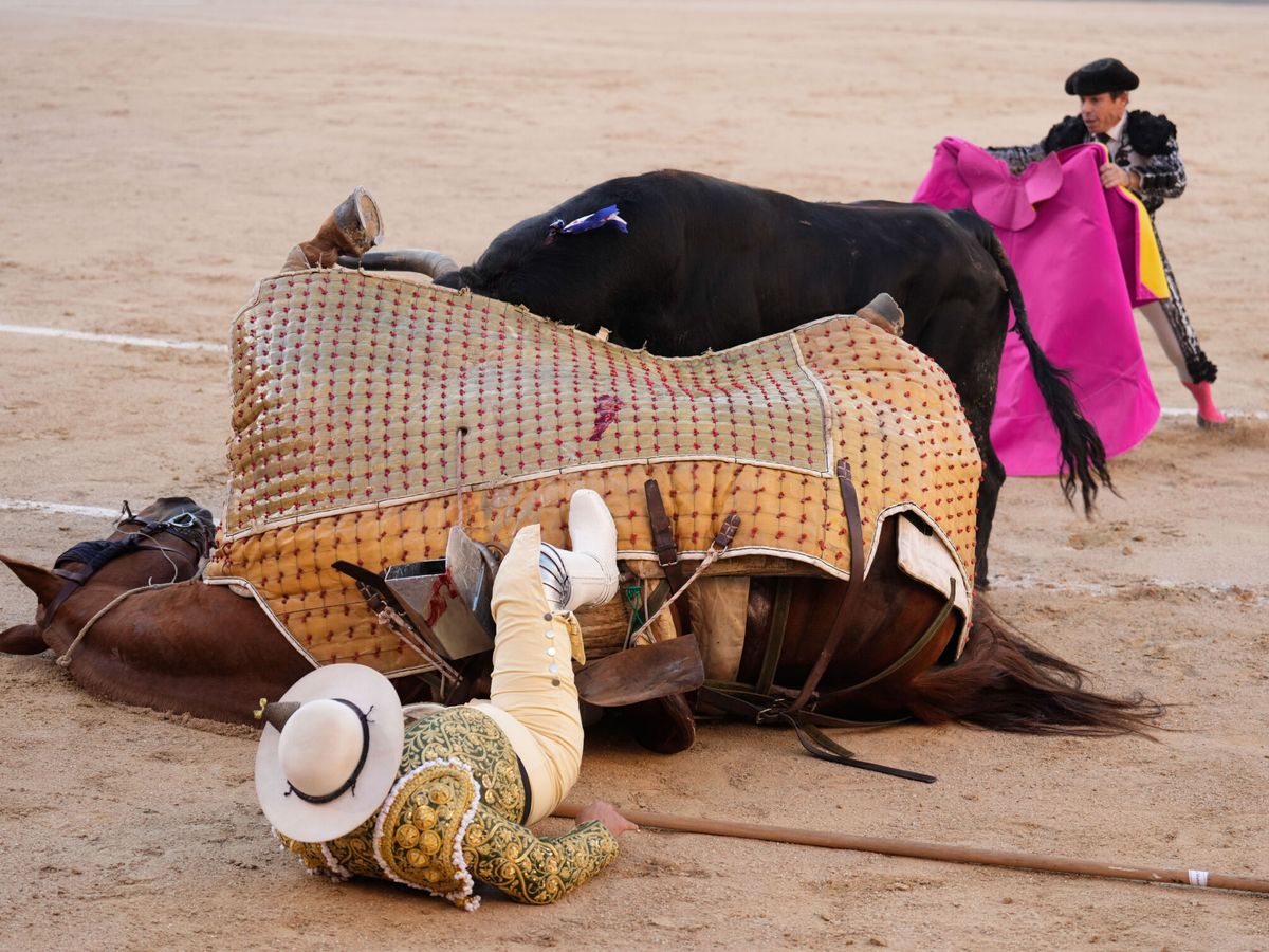 Foto: El segundo toro del diestro Alejandro Talavante derriba al picador en Las Ventas. (EFE/Borja Sánchez-Trillo)
