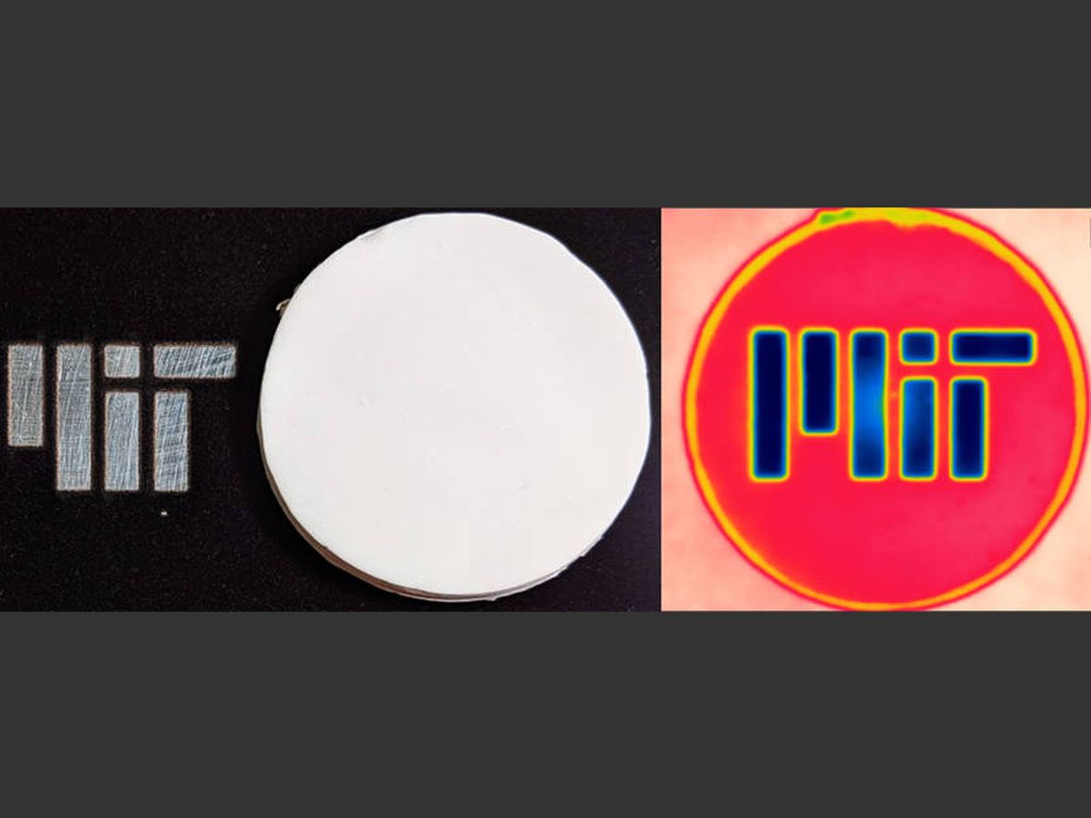 Foto: Los rayos infrarrojos muestran cómo los elementos protegidos por el aerogel (que forman el logo del MIT) se mantienen a baja temperatura mientras que la del ambiente que los rodea es alta. Foto: MIT
