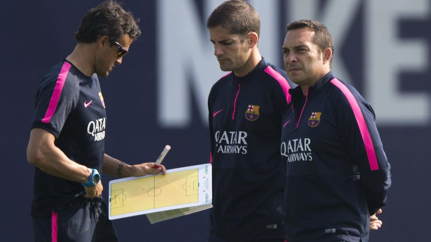 Luis Enrique y Robert Moreno, en un entrenamiento del Barcelona. (EFE)