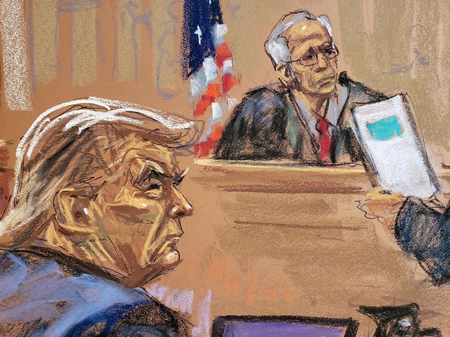 Dibujo del expresidente Donald Trump durante un juicio en 2023 contra él por presunto fraude. (Reuters/Jane Rosenberg)