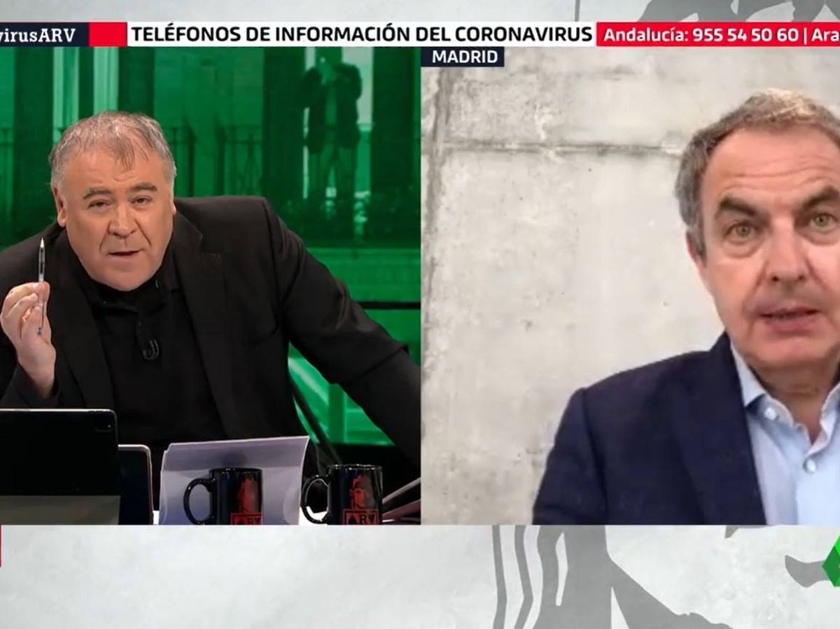 Foto: José Luis Rodríguez Zapatero, en videollamada con 'Al rojo vivo'. (Atresmedia)