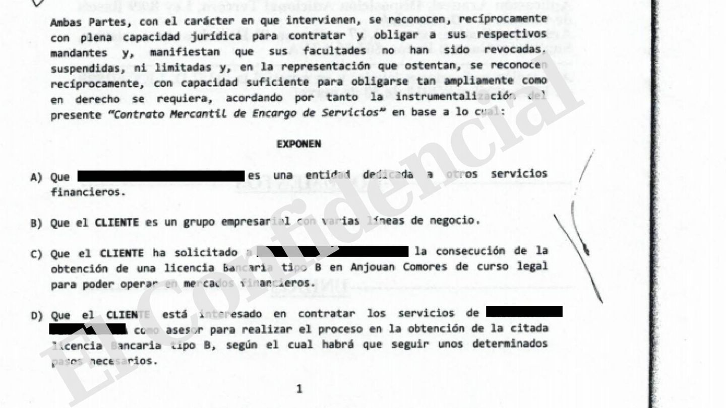 Extracto de la escritura en la que Raúl Cano solicita la creación de una licencia en Anjuan Comores.
