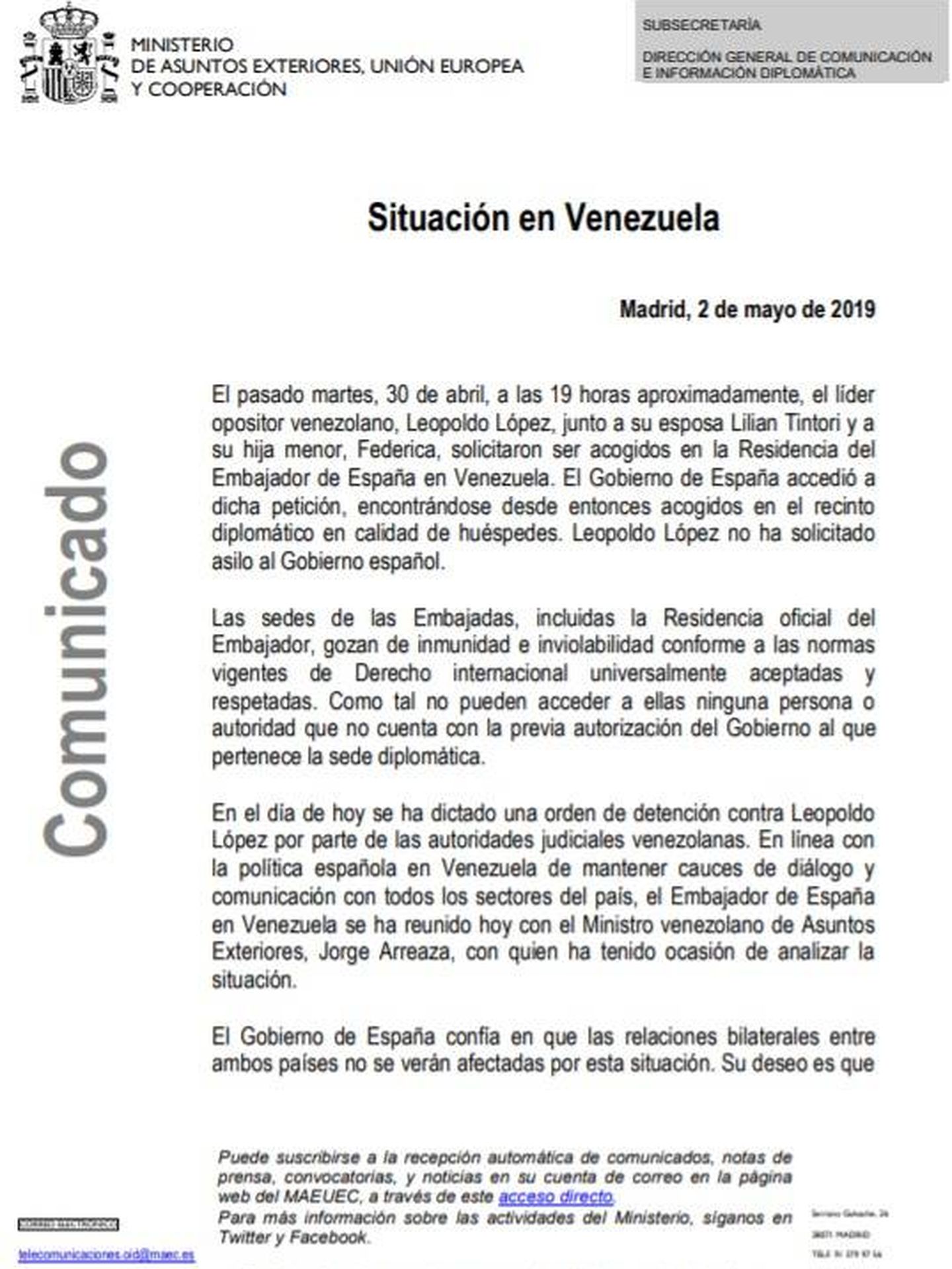 Consulte aquí en PDF el comunicado de Exteriores sobre la orden de captura de Leopoldo López. 