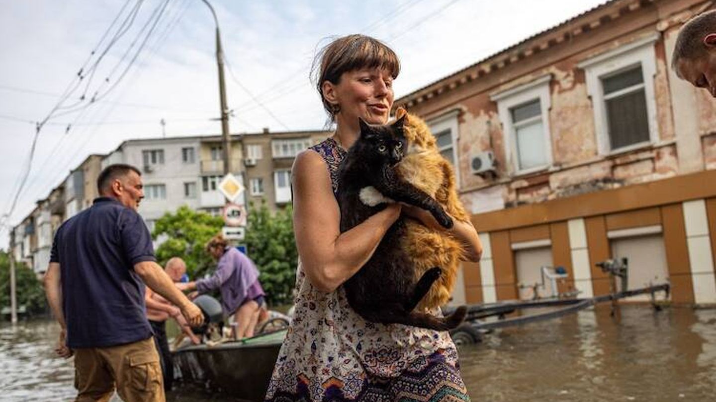 Kateryna, de la inundada Oleshky, ocupada por Rusia, fue salvada de la riada por socorristas ucranianos. Consiguió rescatar lo que era más importante para ella. (Stas Kozliuk/Babel.ua)