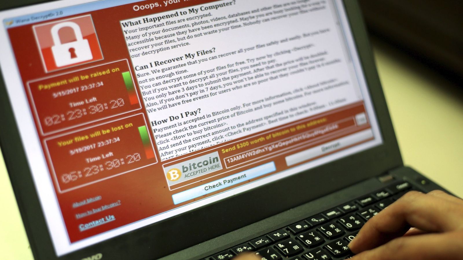 Foto: Un programador muestra la captura de pantalla en la que se pide un rescate en bitcoins. (EFE)
