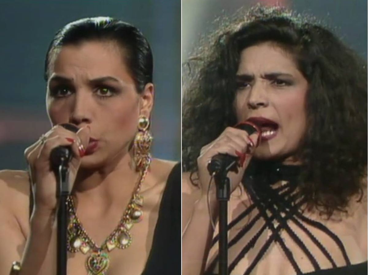 Foto: Las hermanas Toñi y Encarna Salazar durante su actuación en el festival de Eurovisión en 1990
