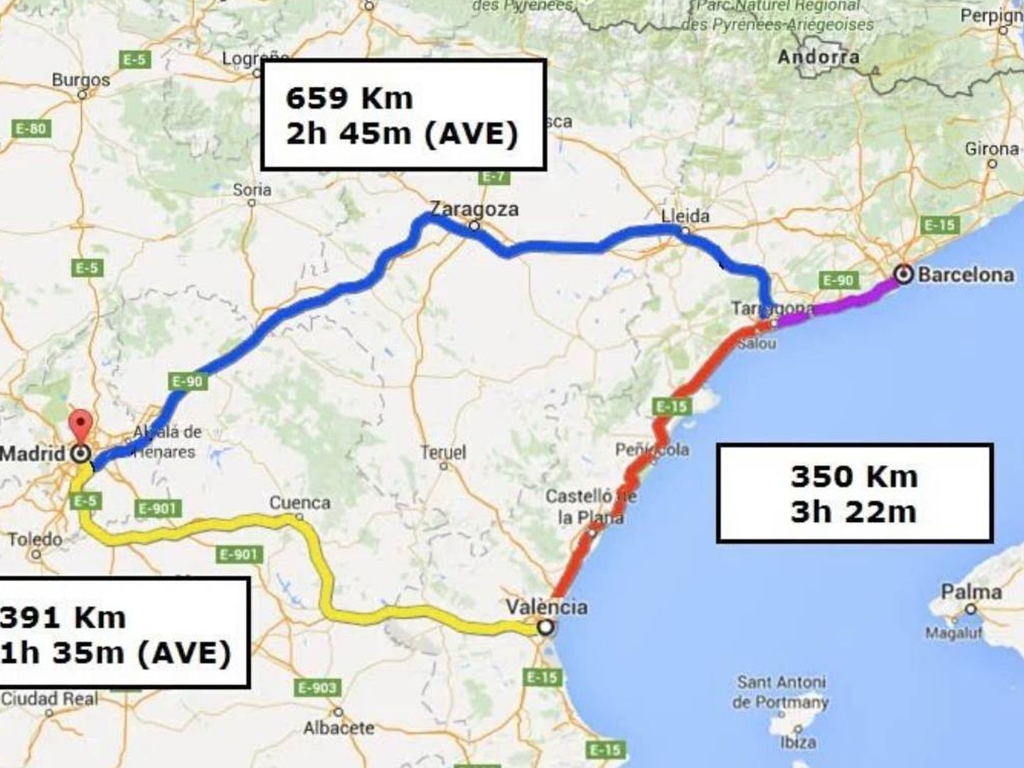 Tiempos de viaje y distancia en el triángulo Barcelona-Valencia-Madrid. (@josepboira)