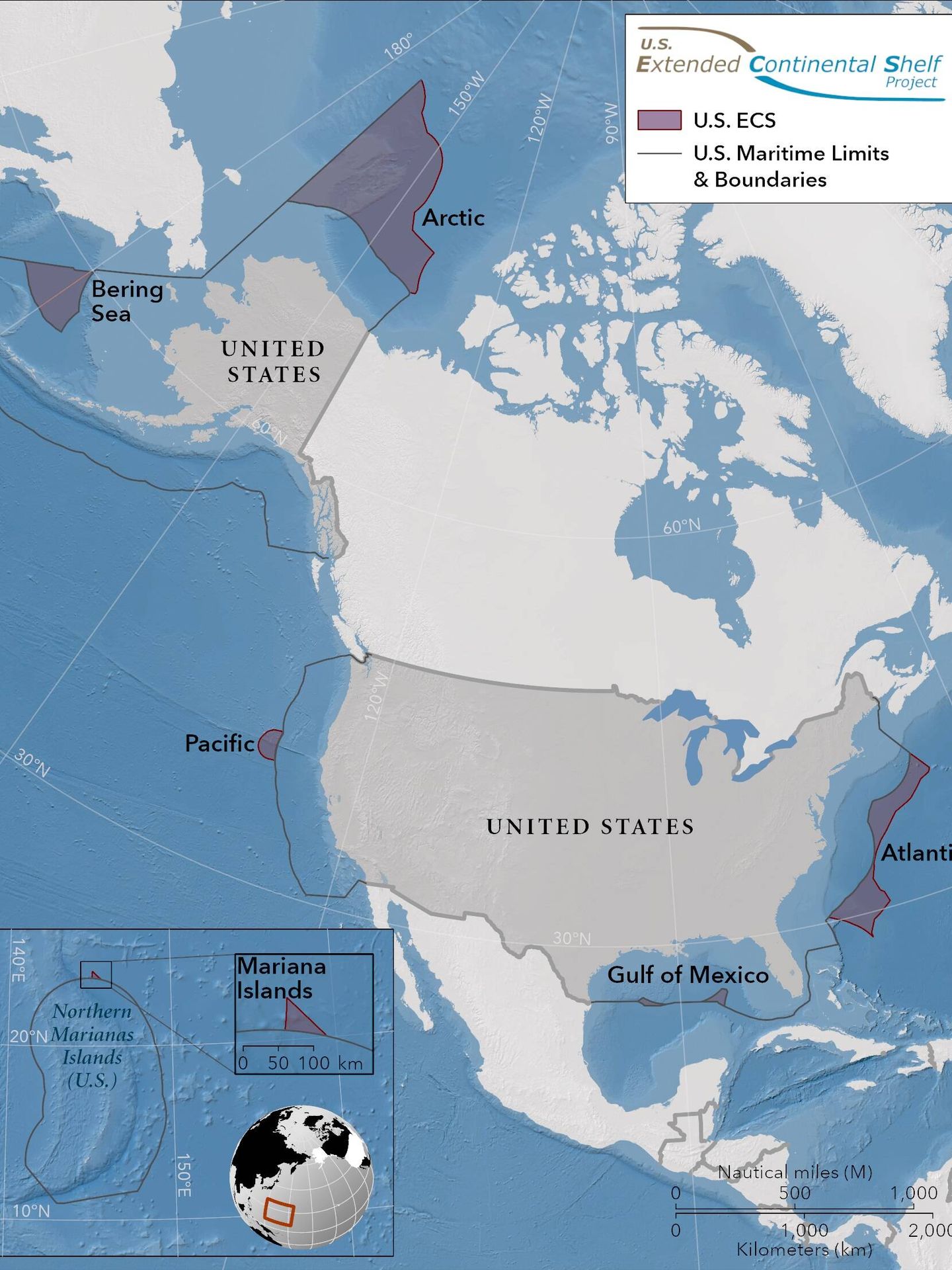 Mapa de Estados Unidos con los nuevos territorios de la Plataforma Continental Ampliada (ECS) (Departamento de Estado de Estados Unidos)