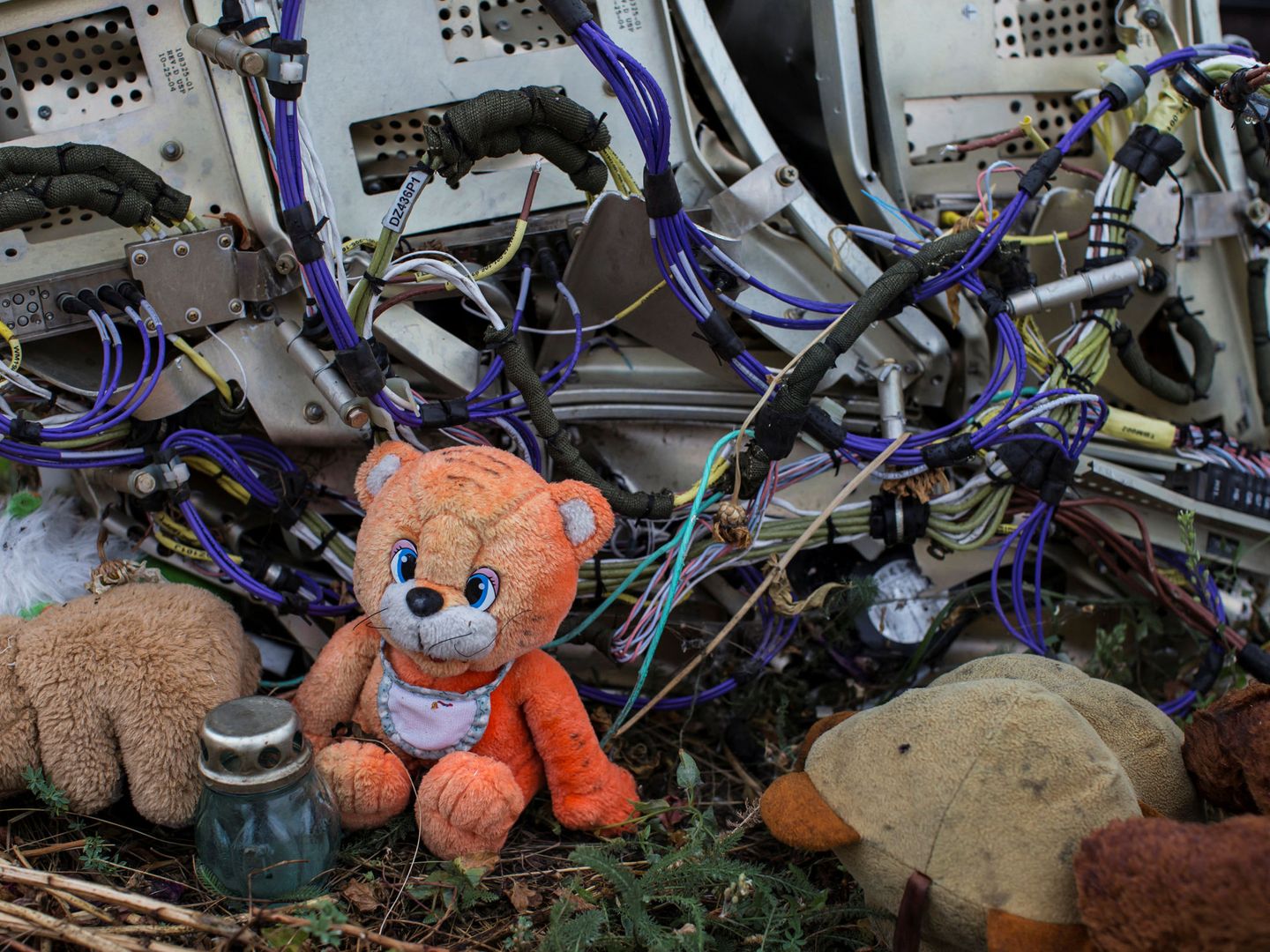 Un oso de peluche colocado en los restos del vuelo MH17. (Reuters)
