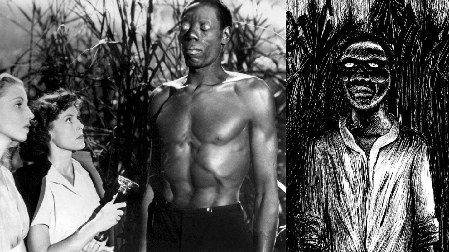 A la izquierda, un fotograma de la película 'I walked with a zombie'. A la derecha, 'un zombi al atardecer en un campo de caña de azúcar de Haití' ,por Jean-noël Lafargue. Fuente: Wikipedia.