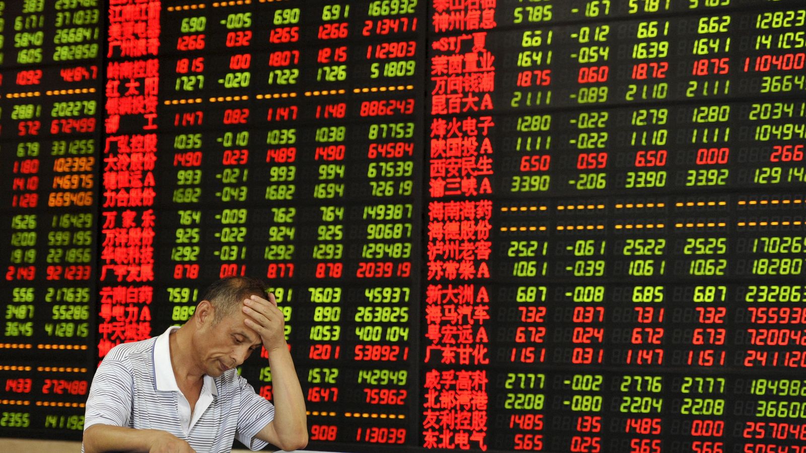 Foto: Un inversor ante un panel electrónico en Fuyáng, China. (Reuters)