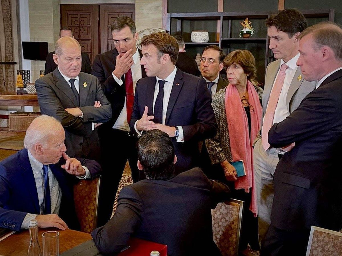 Foto: Los líderes Joe Biden, Olaf Scholz, Emmanuel Macron, Rishi Sunak, Pedro Sánchez y Justin Trudeau en el G20. (Cordon Press/Steffen Hebestre)