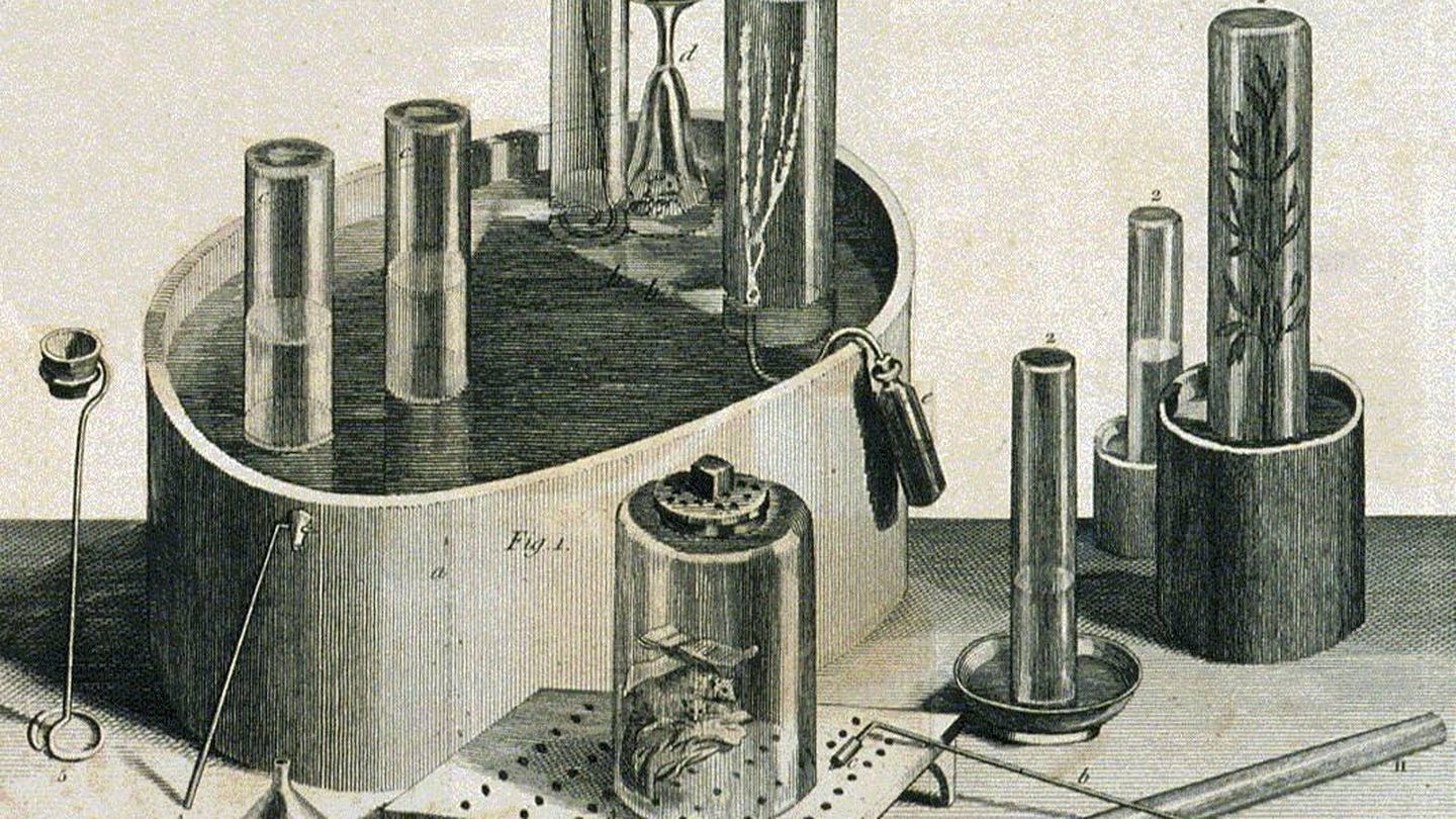 Equipo usado por Priestley en sus experimentos con gases en torno a 1775. (Wikimedia) 