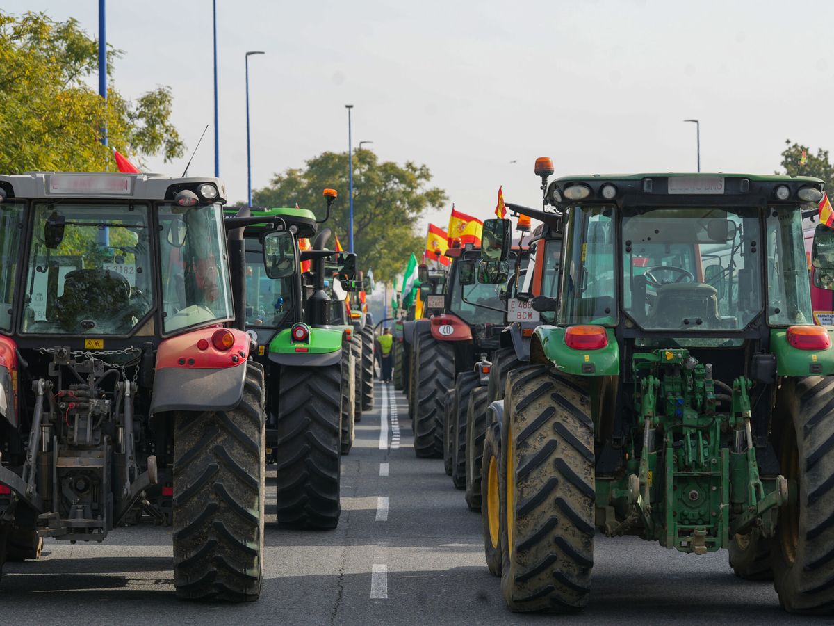 Foto: Tractores entrando en Sevilla desde la autovía que une la capital andaluza con Huelva y Portugal. (Europa Press/Francisco J. Olmo)