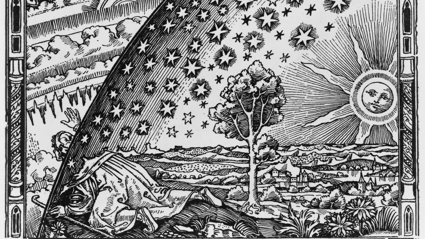 Un hombre atraviesa la atmósfera. Ilustración de la Edad Media. (Wikimedia)