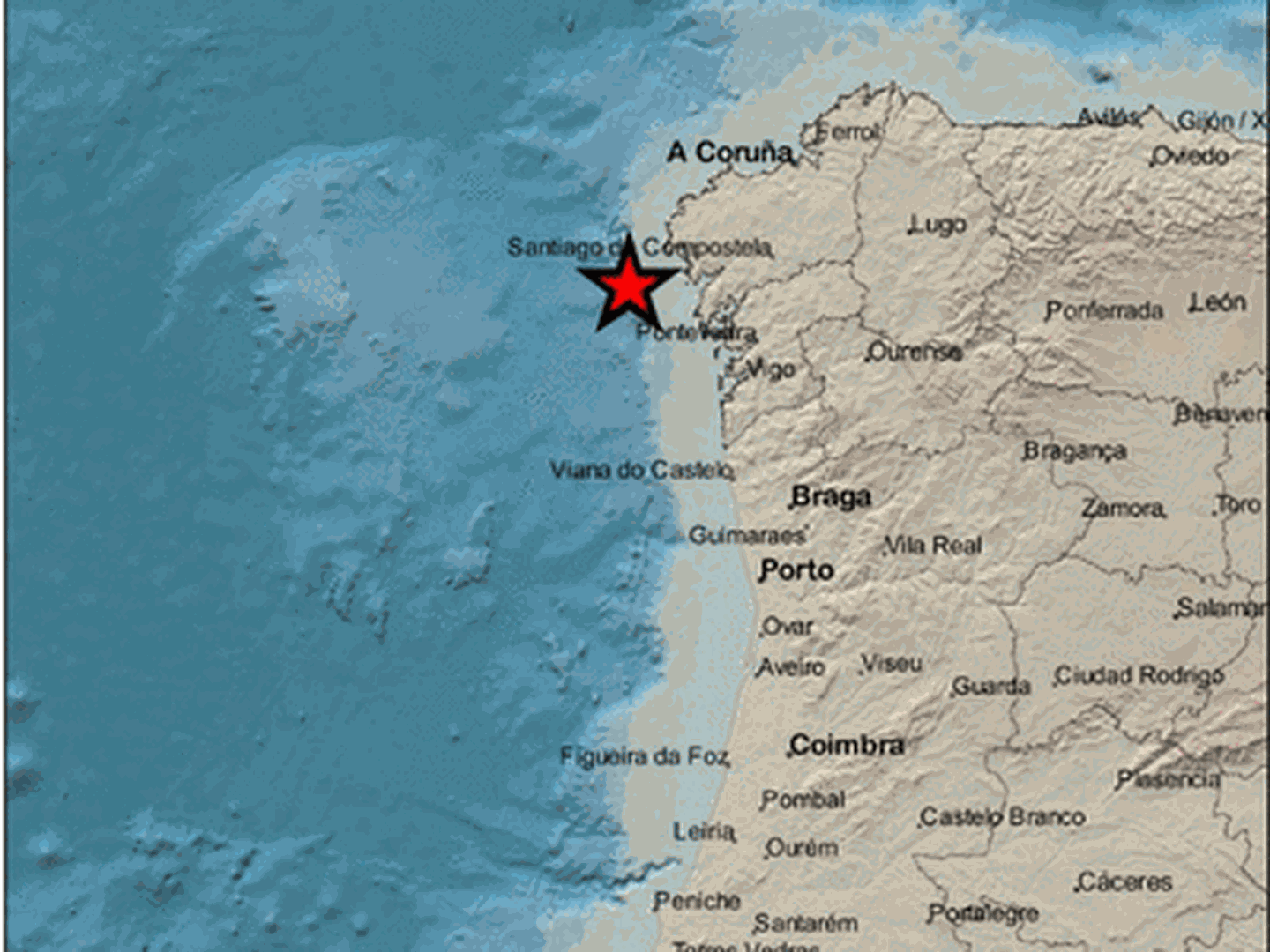 Epicentro del terremoto en las proximidades de Fisterra. (IGN)