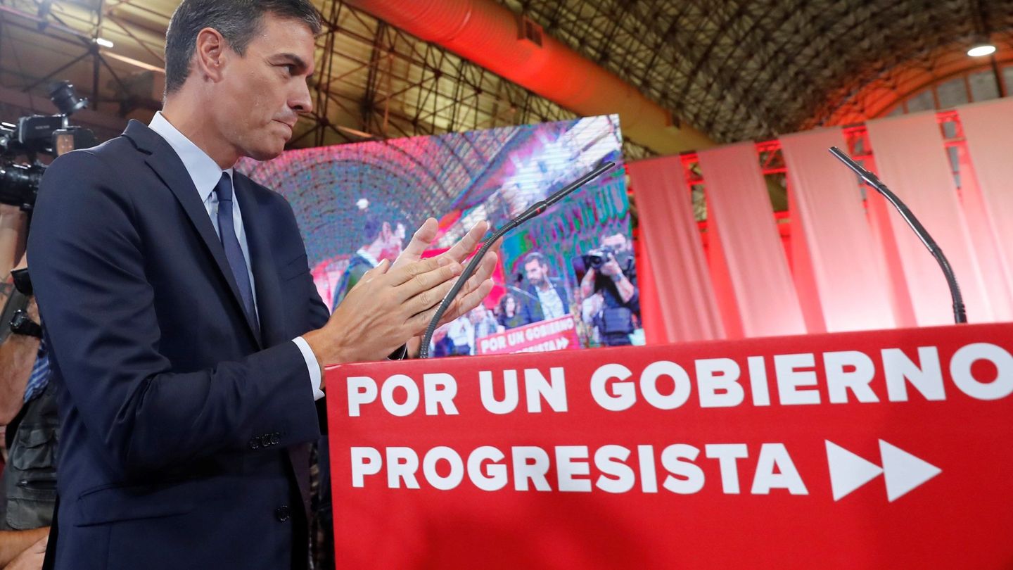 Pedro Sánchez, durante la presentación del 'Programa común progresista', este 3 de septiembre en el espacio MEEU de la estación de Chamartín, en Madrid. (EFE)