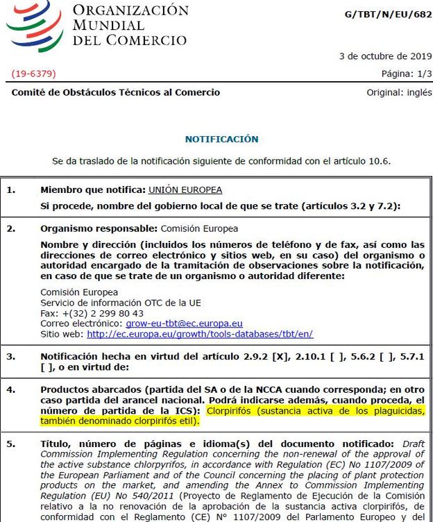 Notificación de la UE a la OMC sobre el clorpirifós.