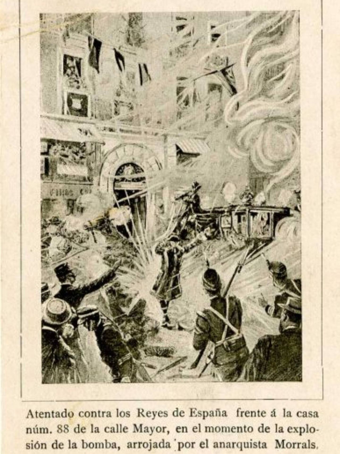 Una ilustración del atentado sufrido por los reyes Victoria Eugenia y Alfonso XIII. (Real Biblioteca/Cortesía)