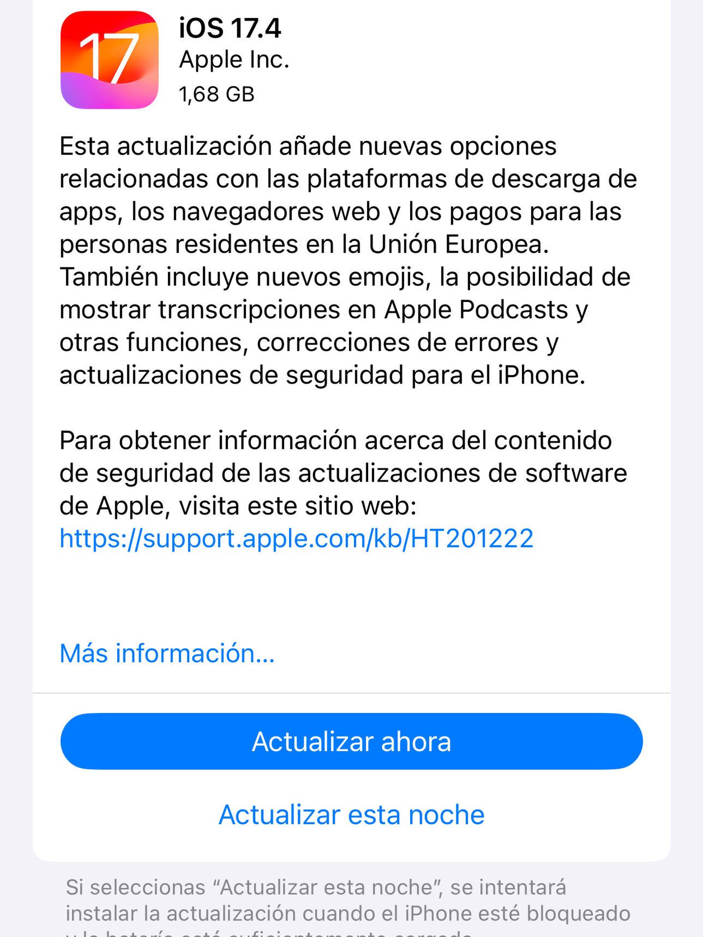 Captura de pantalla con el mensaje de actualización a iOS 17.4 (R. Badillo)