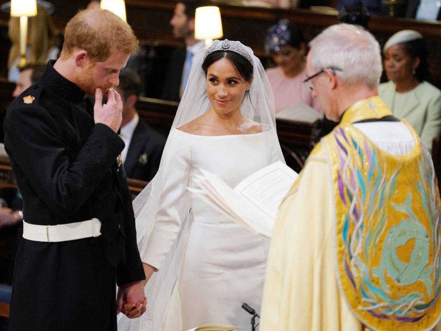 El príncipe Harry, emocionado en su boda con Meghan Markle. (Getty)