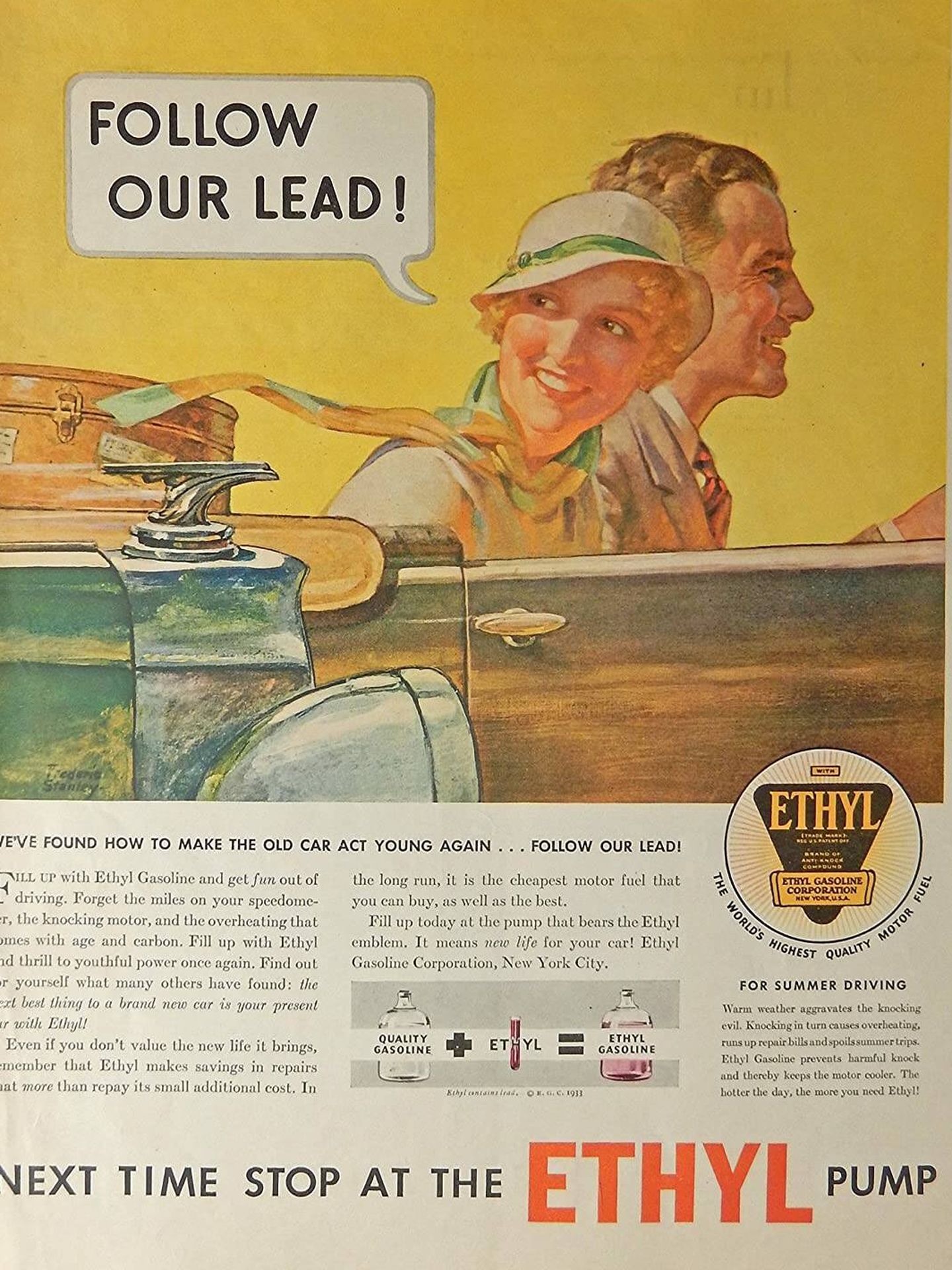 Anuncio de Ethyl de 1933 ('lead' significa liderar y también plomo en inglés). 