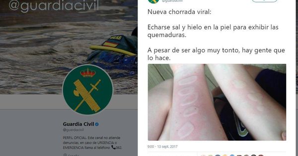 Foto: Captura del Twitter de la Guardia Civil compartiendo una "nueva chorrada viral".