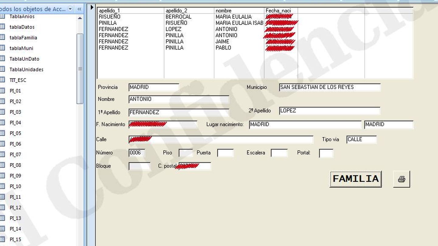 Captura de pantalla de una base de datos censal, con la información de Antonio Fernández y su familia.