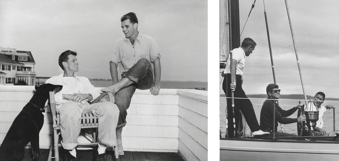 A la izquierda, Kennedy con su hermano, Robert, y su perro, Mo, en Hyannis Port, en 1946. Al lado, navegando. (Getty)