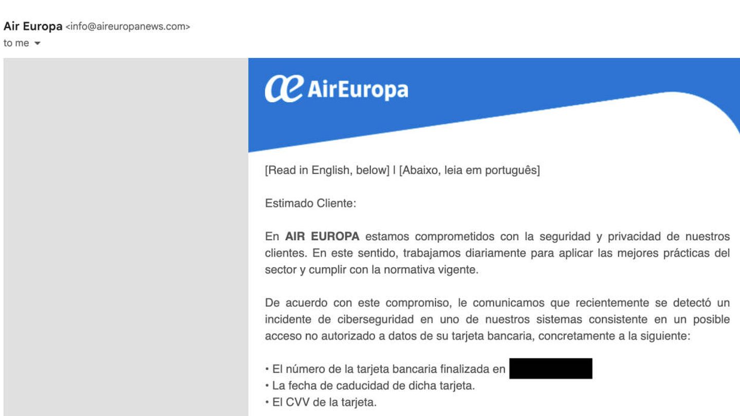 El correo enviado por Air Europa esta madrugada. 