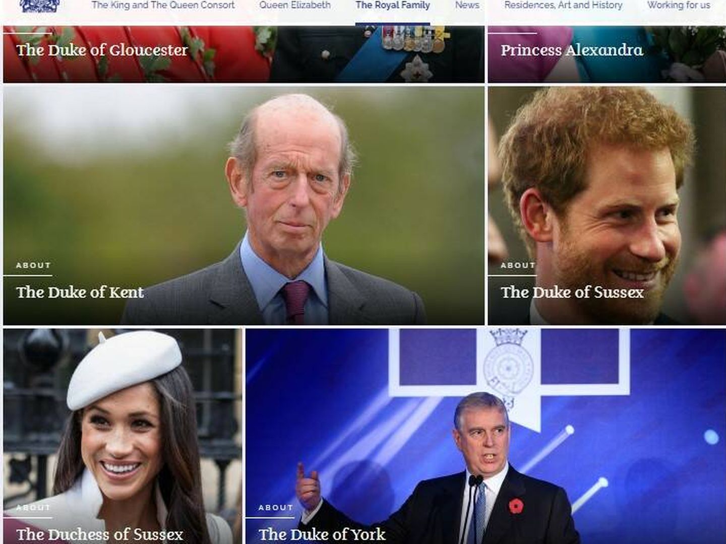 El príncipe Harry y Meghan Markle, por detrás del duque de Kent y junto al príncipe Andrés. (Web oficial Casa Real británica)