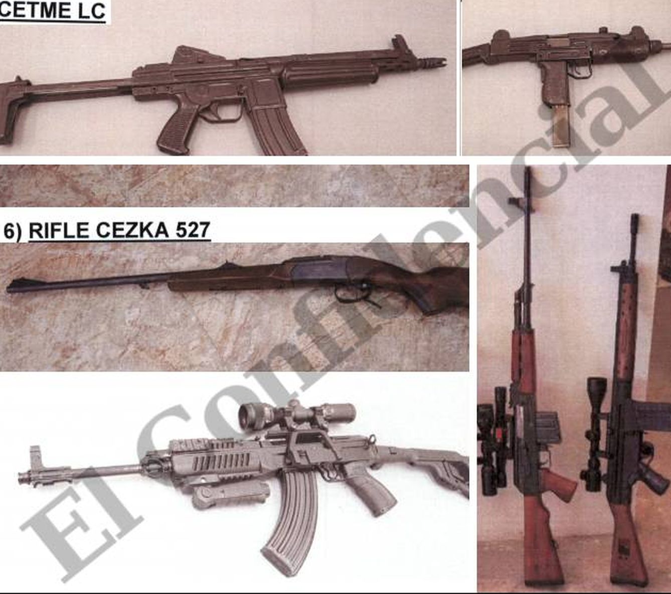A la derecha, en vertical, un rifle Zastava y un Cetme C. Abajo, a la izquierda, una Samopal VZ 58.