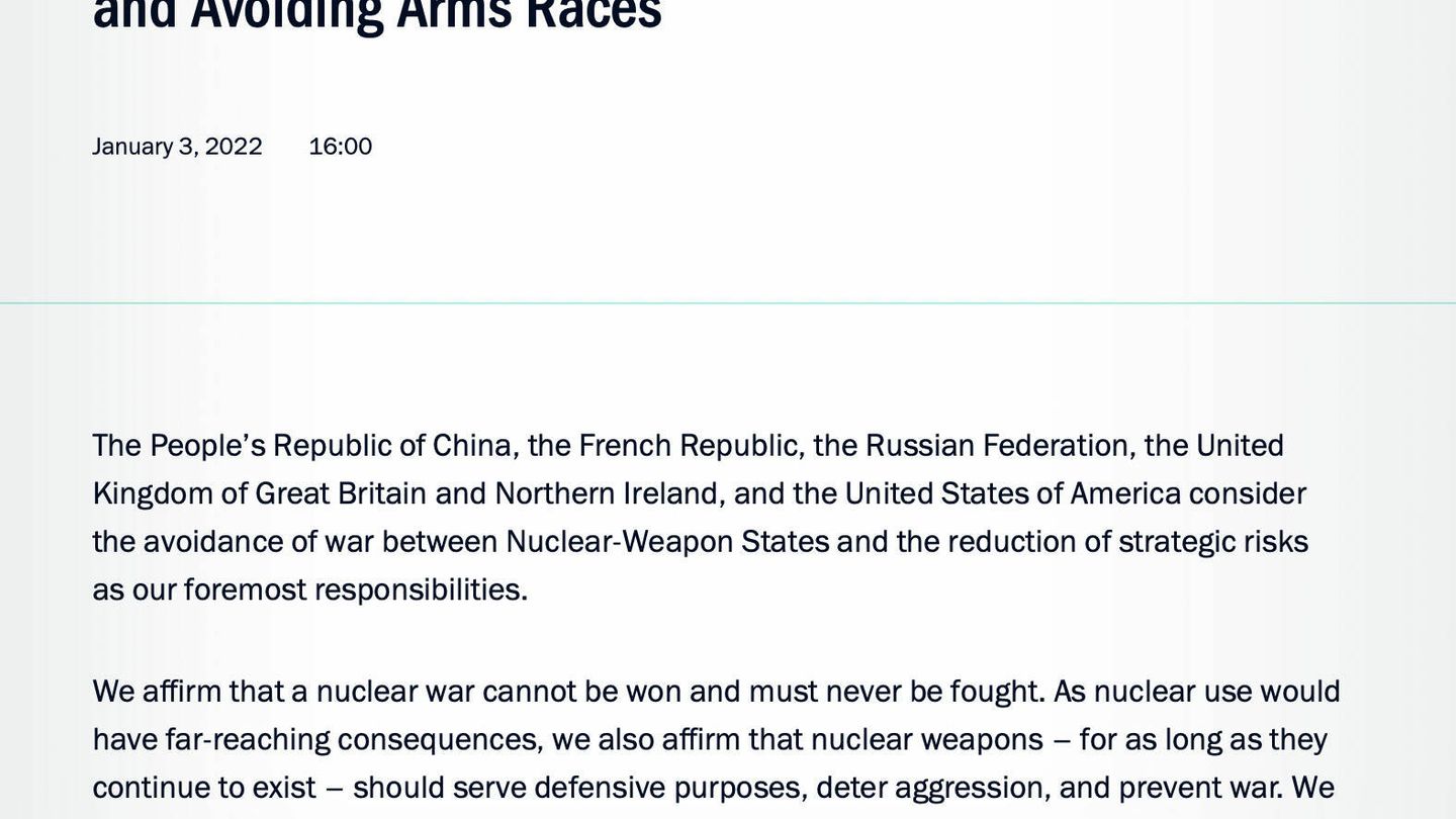Captura de pantalla de la declaración contra la guerra nuclear firmada por Putin y las otras cuatro potencias nucleares mundiales el 3 de enero de 2022 (Presidencia de Rusia)