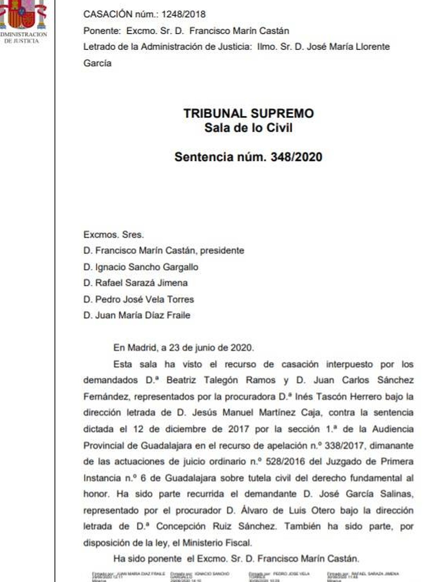 Consulte aquí en PDF la sentencia estimatoria del Tribunal Supremo del recurso que presentaron Beatriz Talegón y su pareja contra el alcalde de Cabanillas del Campo.