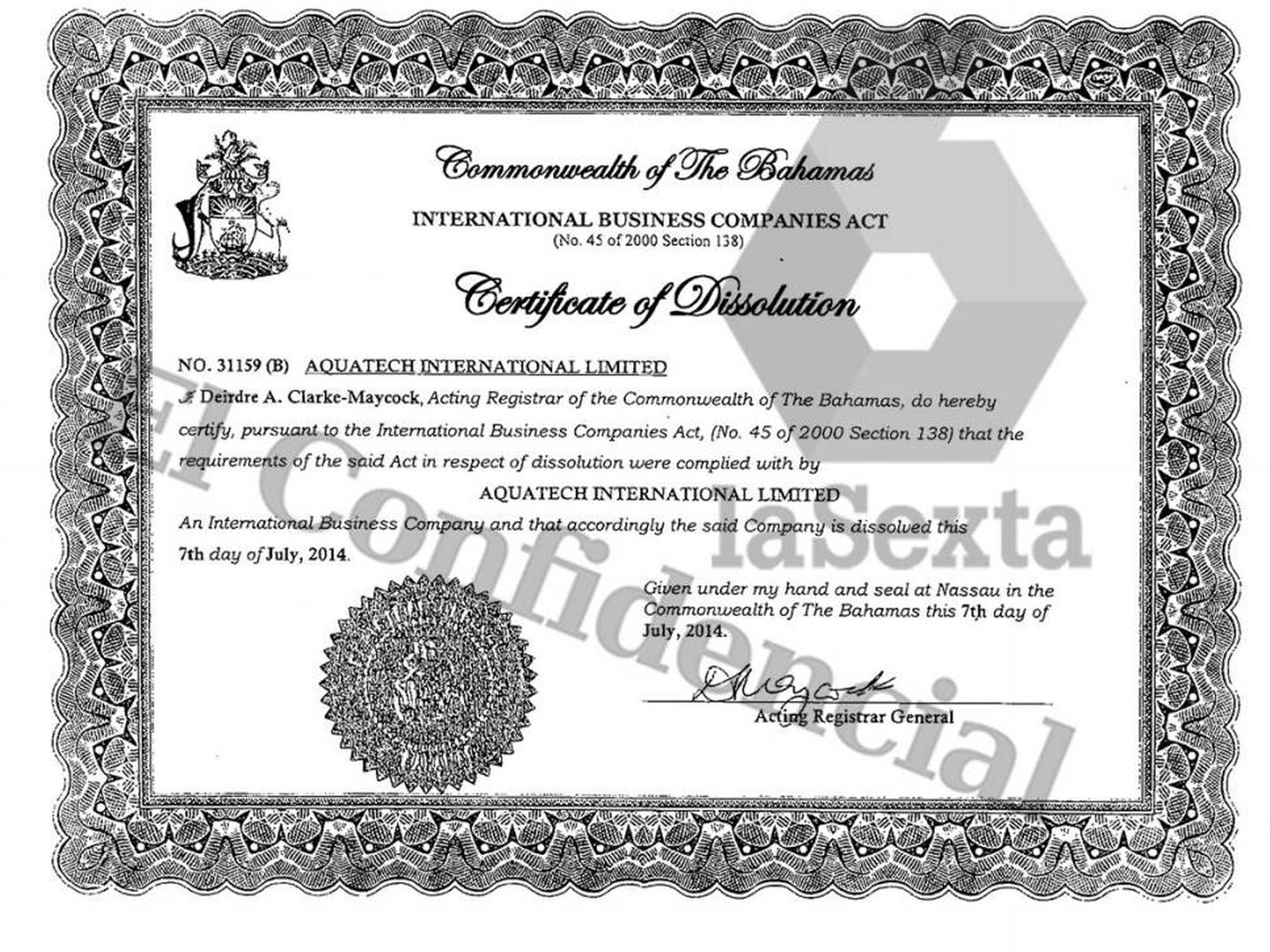 Certificado de disolución de Aquatech.