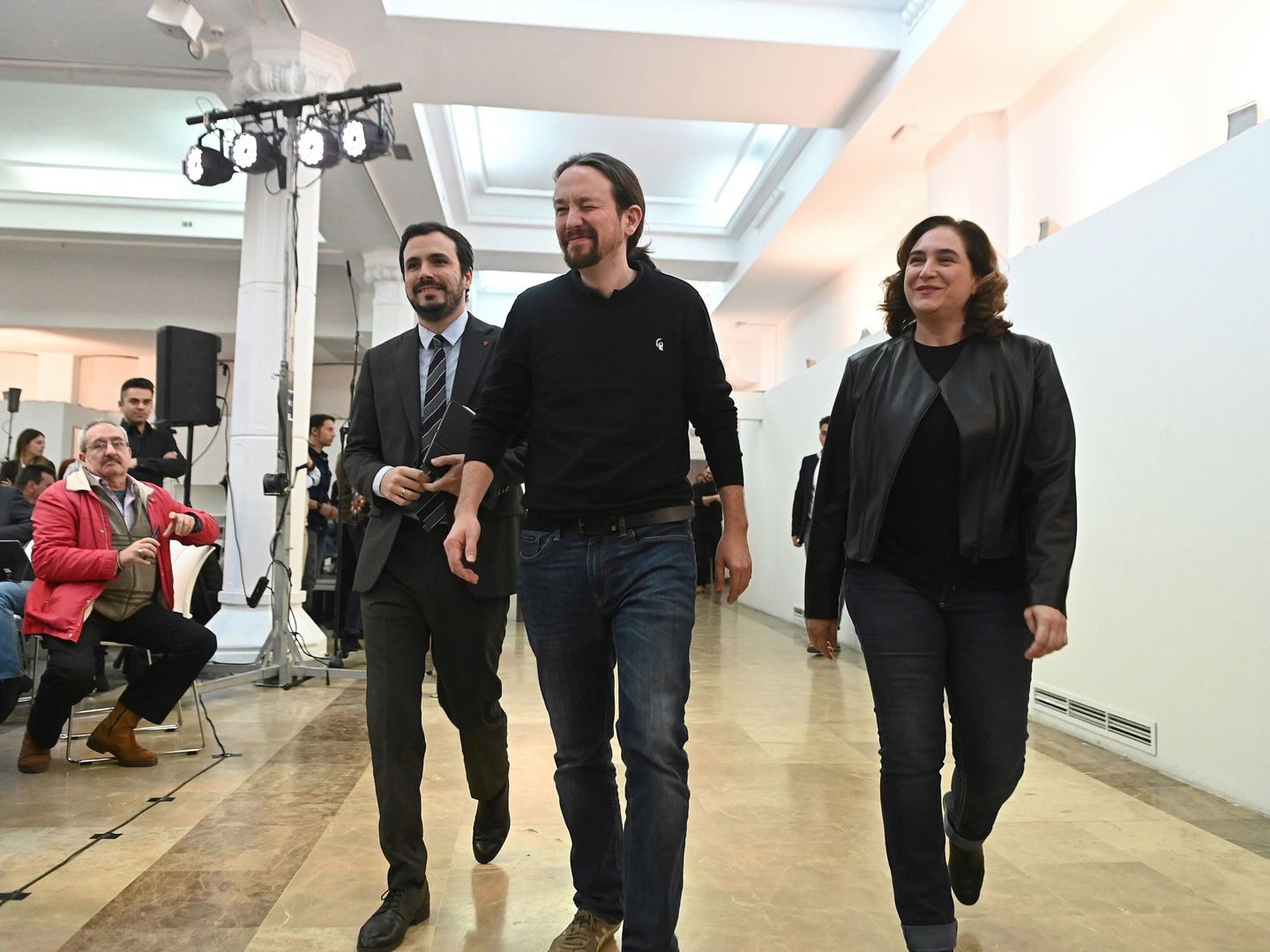 Pablo Iglesias este sábado con Ada Colau y Alberto Garzón. (EFE)