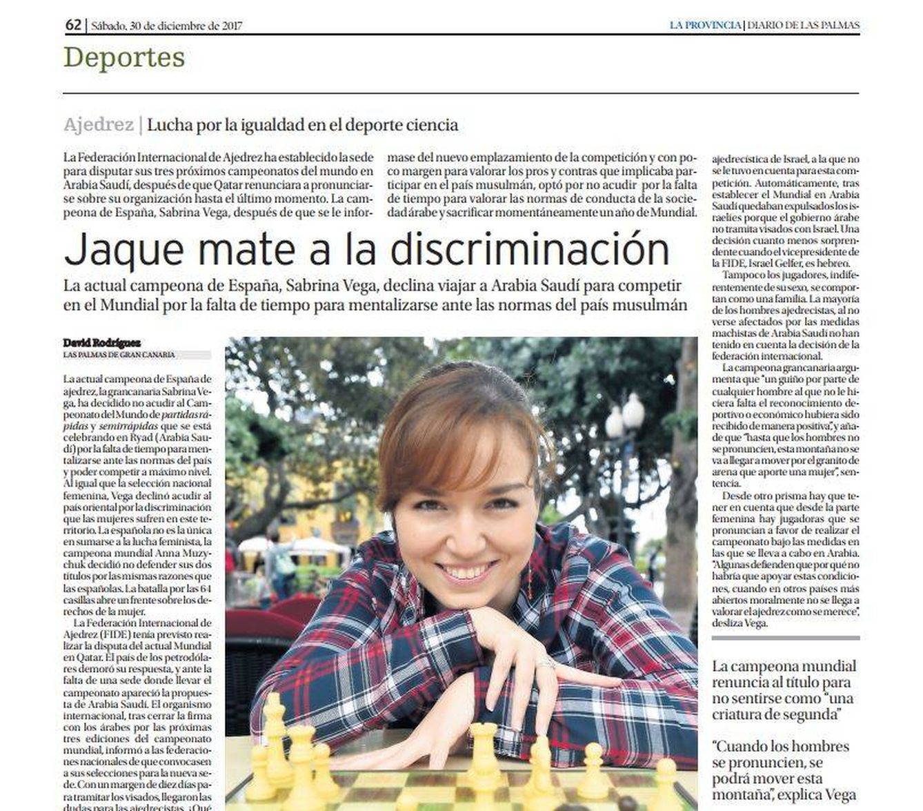 Sabrina Vega anunció que no se presentaría al Mundial en el periódico La Provincia.
