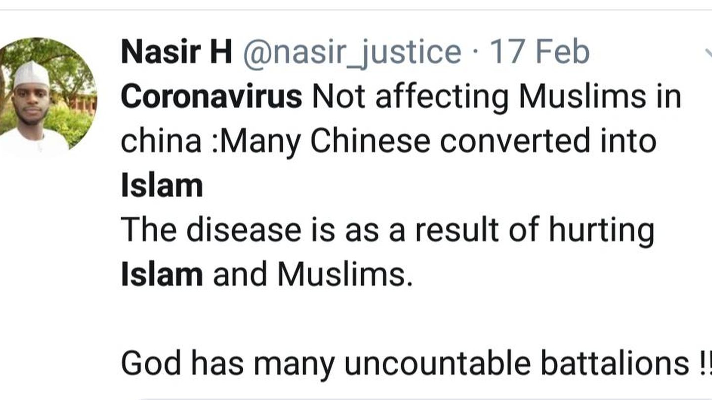 Un tuit afirmando que el coronavirus no afecta a los musulmanes