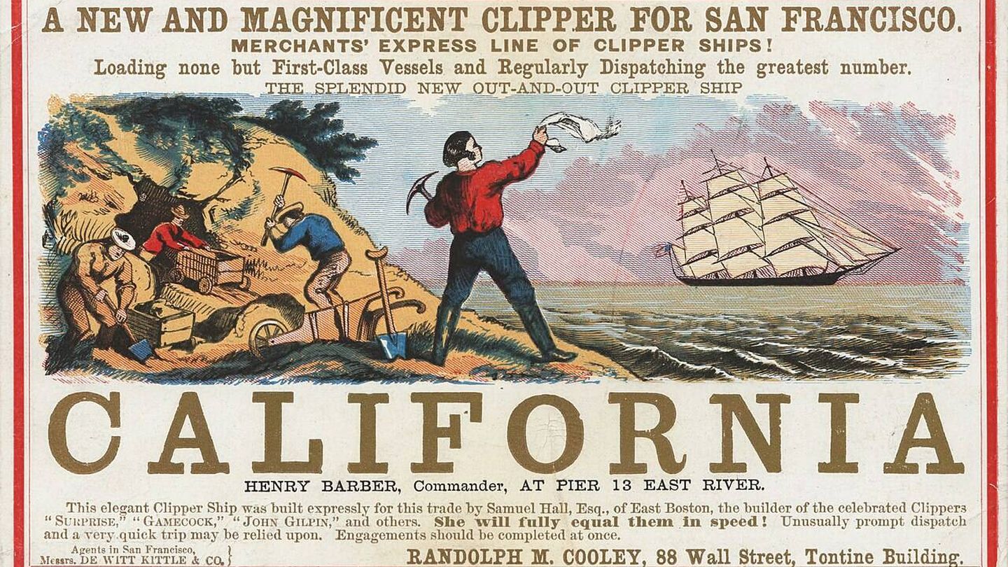 "Un nuevo y magnífico clíper para San Francisco". Publicidad de viajes a California publicada en Nueva York en la década de 1850. (Wikimedia)
