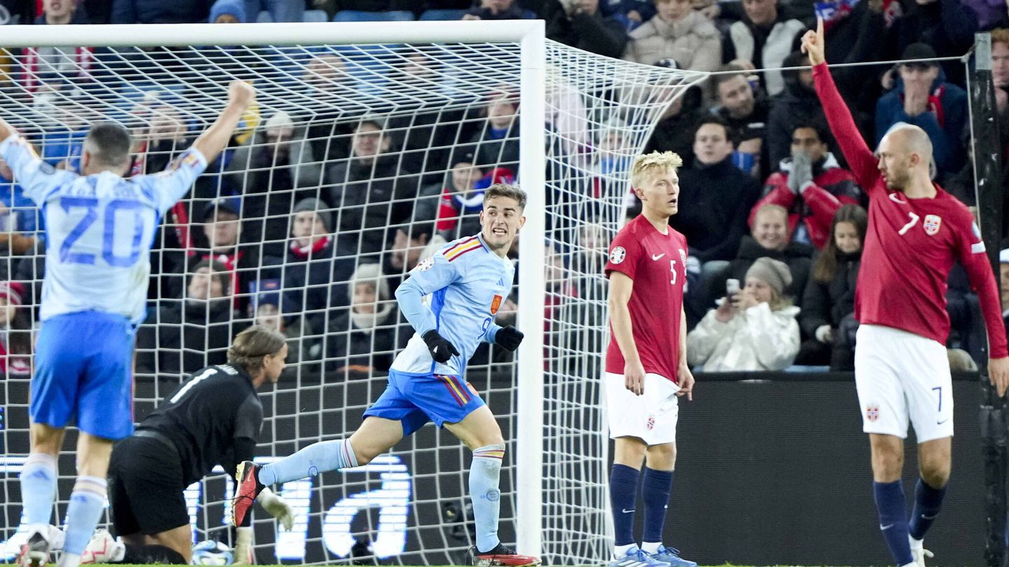 Gavi celebra su gol ante Noruega (EFE/EPA/FREDRIK VARFJELL).