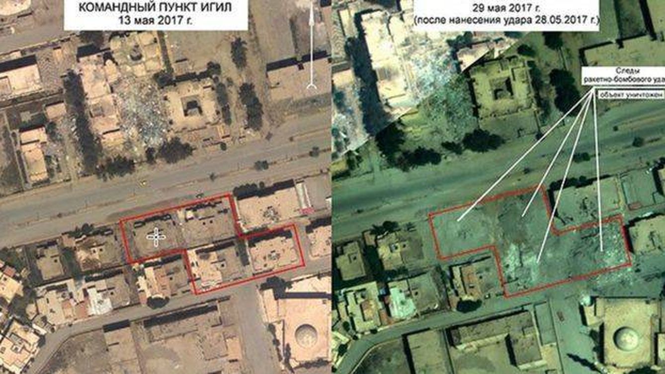 Imagen del lugar bombardeado, antes y después (Fuente: Ministerio de Defensa de Rusia)