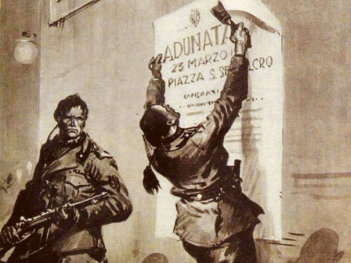 Representación gráfica del la fundación del fascismo en la plaza de San Sepolcro, en Milán