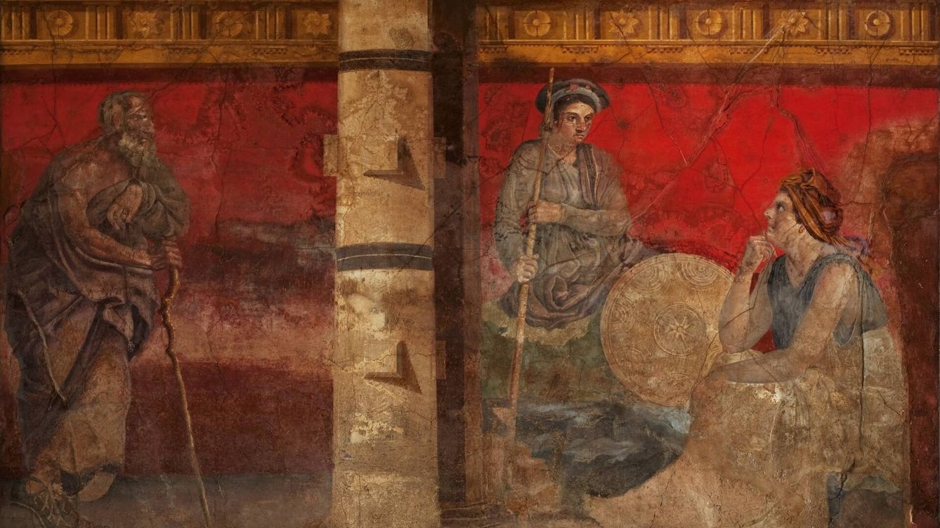 Foto: Fresco con filósofo, Alejandro y Asia, de la Villa P. Fannius en Boscoreale. Siglo I a.C. (MANN/Luigi Spina)