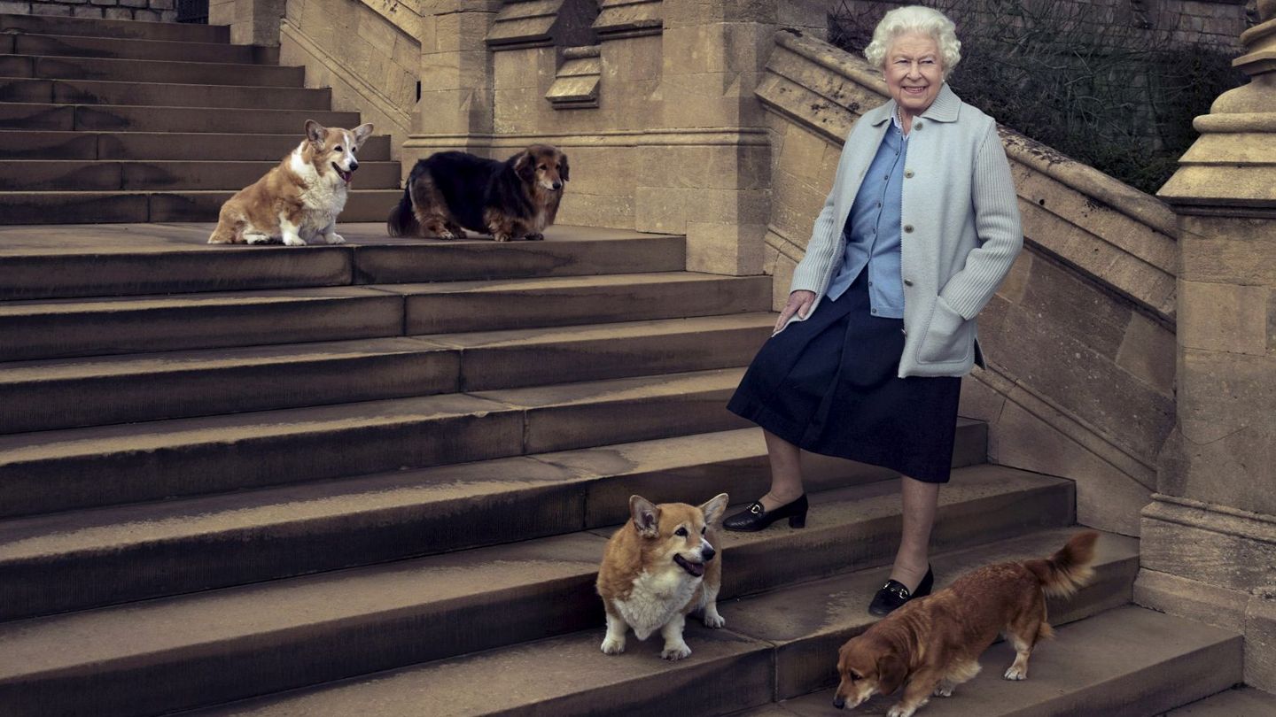 La reina, con algunos de sus corgis. (Buckingham Palace)