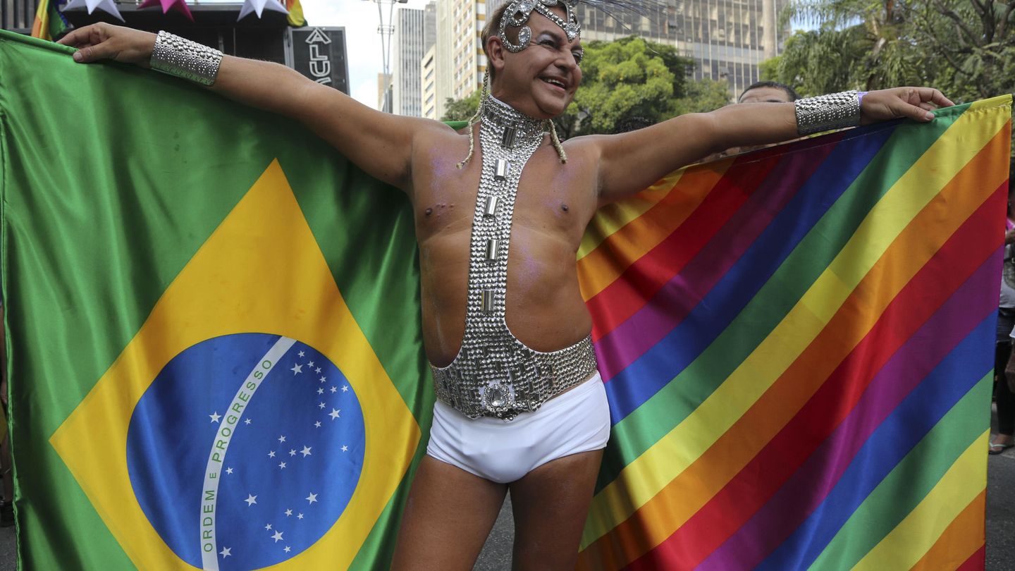 BRA51. SAO PAULO (BRASIL), 29 05 2016.- Un miembro de la comunidad homosexual participa en la vigésima edición de Desfile del Orgullo Gay hoy, domingo 29 de mayo de 2016, en la céntrica Avenida Paulista de Sao Paulo (Brasil). EFE Sebastião Moreira