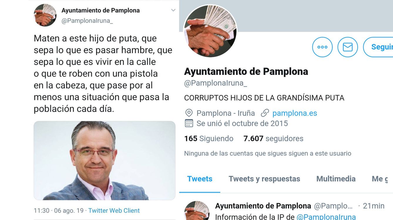 Foto: Capturas de la cuenta hackeada del Ayuntamiento de Pamplona (Foto: Twitter)
